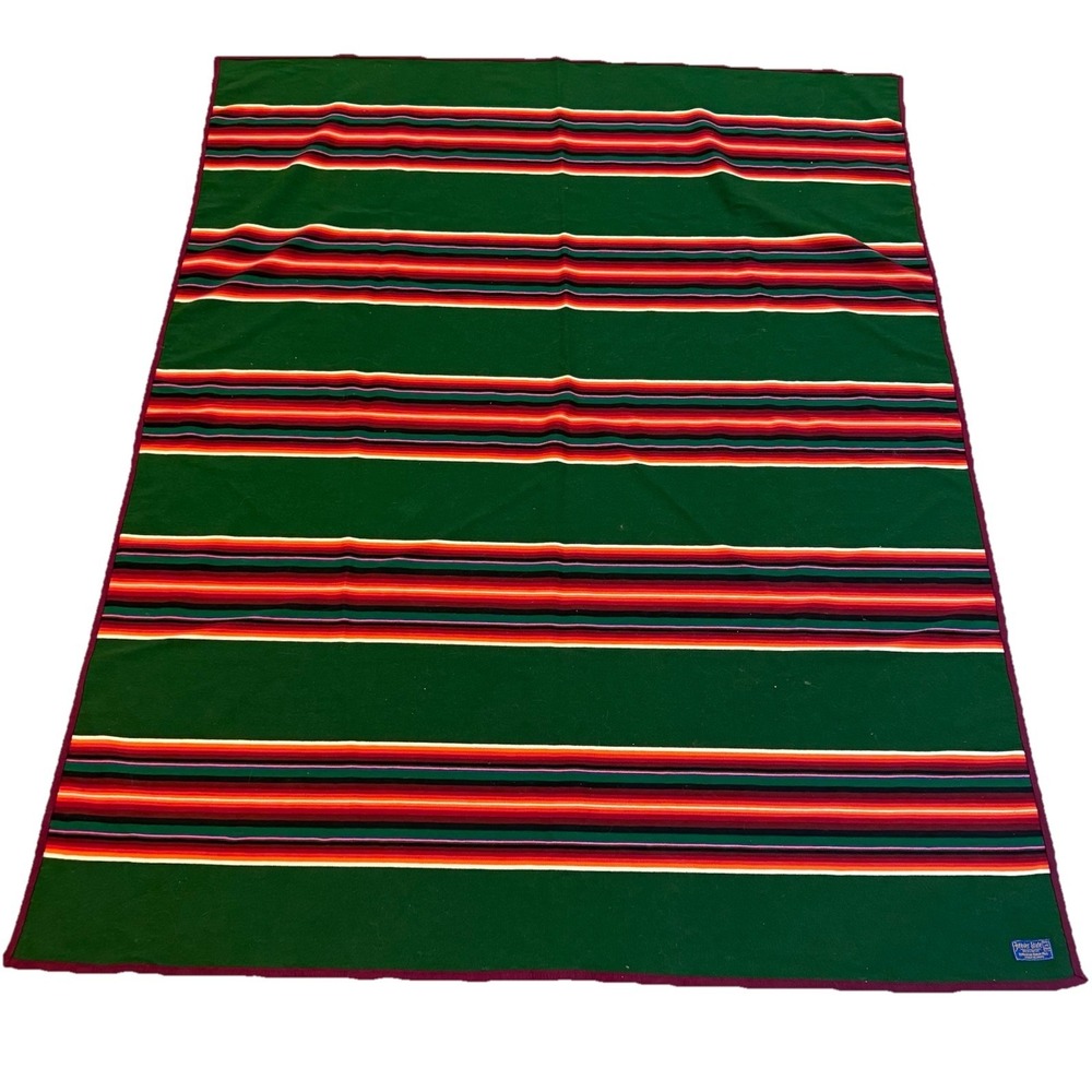 Vintage Pendleton Beaver State Wool Camp Blanket Green Stripe 75x61 USA